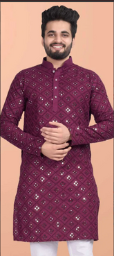 Magenta Blended Cotton Kurta with Mirror Work